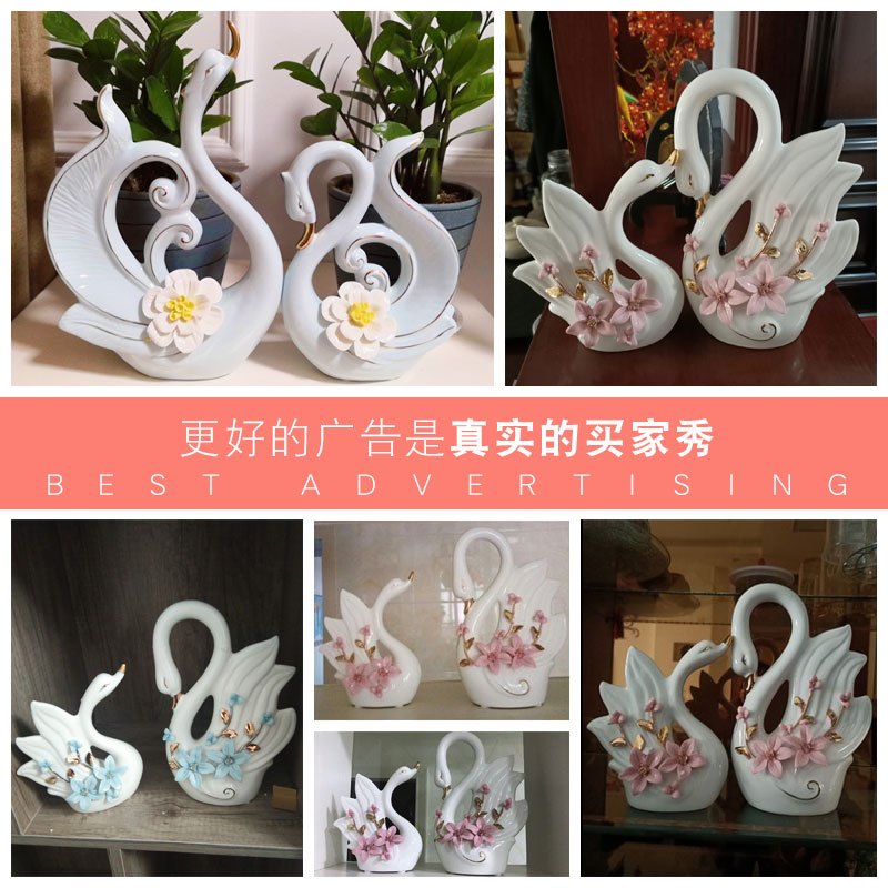 现代简约创意客厅酒柜摆设博物架陶瓷器小天鹅一对摆件卧室装饰品 三维工匠 葫芦白菜天鹅一对(快递包装)