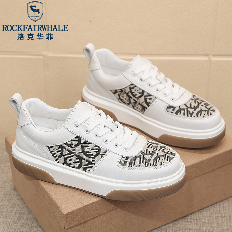 Rock Fairwhale洛克华菲 新品板鞋男夏季透气白鞋低帮男鞋潮流休闲鞋印花手绘小白鞋真皮高清大图