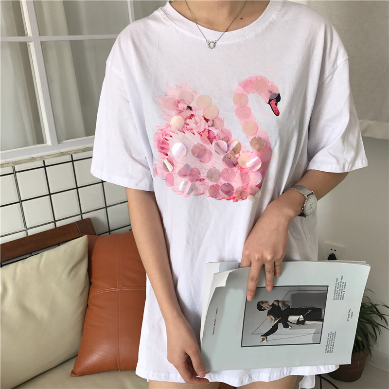 洛芊春装2018新款韩版彩色亮片印花t桖女宽松显瘦中长款上衣打底衫