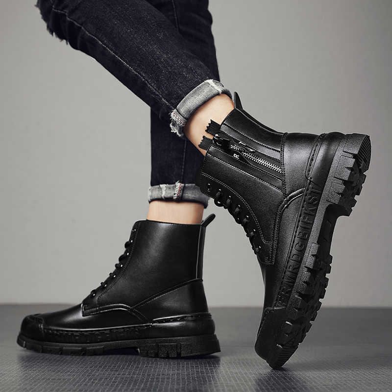 述雅网红马丁靴男侧拉链冬季百搭英伦风机车靴户外黑色高帮皮靴男
