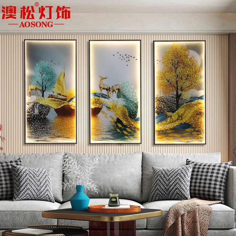 澳松客厅壁灯装饰画时尚轻奢晶瓷壁画灯中国风茶室沙发背景墙吉祥鹿发光壁画灯新中式餐厅玄关卧室带灯壁画 吉祥麋鹿 三联80*