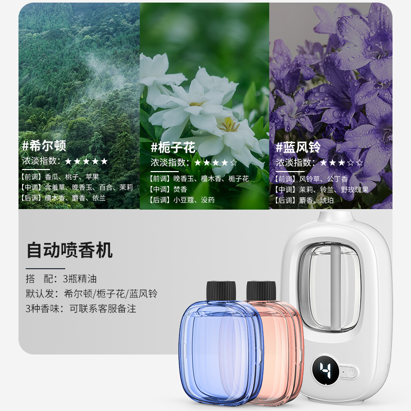 香薰机自动喷香家用室内持久卧室香氛喷雾空气清新剂厕所除臭神器 数显款香薰机1台+3瓶精油蓝风铃+栀子花+希尔顿