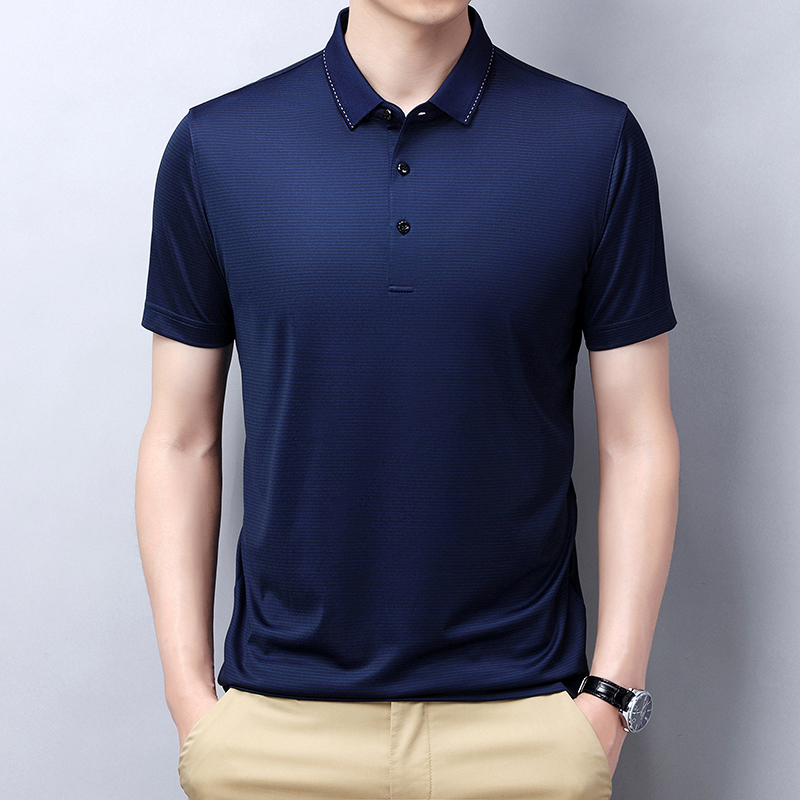 专柜品牌夏季桑蚕丝短袖t恤男士翻领真丝polo衫纯色商务休闲薄
