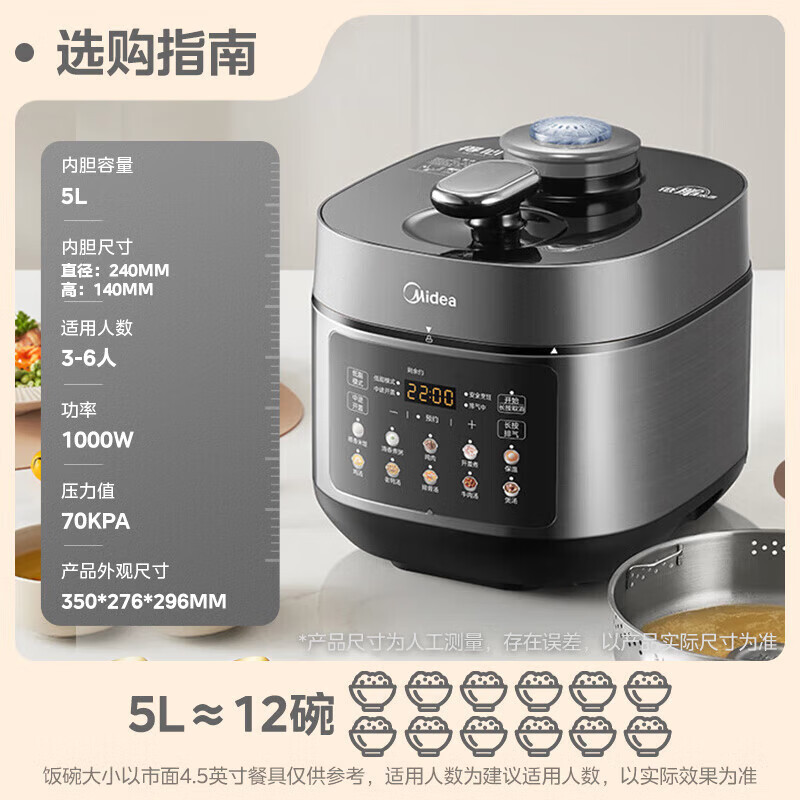 美的(Midea)电压力锅0涂层家用煲汤高压锅5L双胆4-6人全自动智能预约炖肉煮饭煲 MY-C5930F高清大图