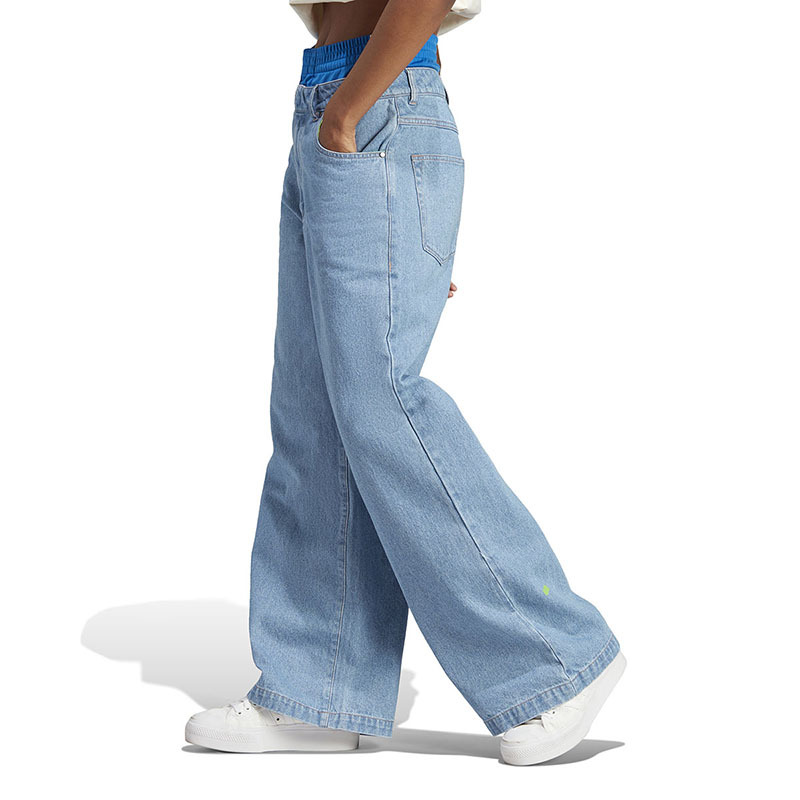 adidas服饰 纯色多口袋宽松直筒牛仔裤 女款 浅靛蓝 in0273