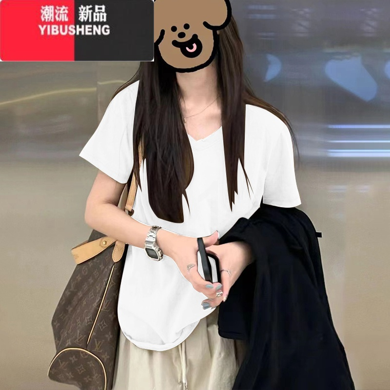 YIBUSHENG美式复古正肩V领纯色短袖T恤女港味chic宽松显瘦半袖体恤上衣服