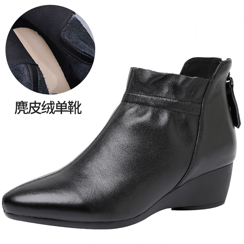 秋冬新款尖头粗跟坡跟短靴后拉链真皮复古软底加绒保暖女棉靴