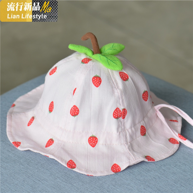 婴儿草莓帽防风带子女宝宝盆帽渔夫太阳帽女孩薄款幼儿大檐02岁帽子