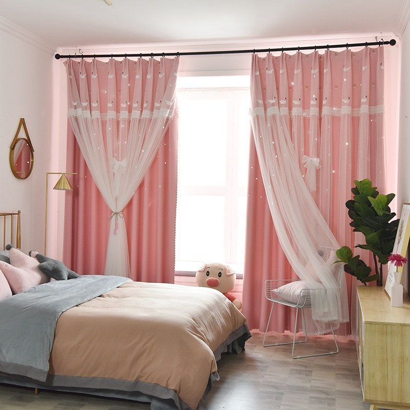 美帮汇绣花款公主风镂空星星2023新款少女梦幻卧室阳台遮光窗帘 粉色天鹅镂空 平铺2米宽*2.1高挂钩