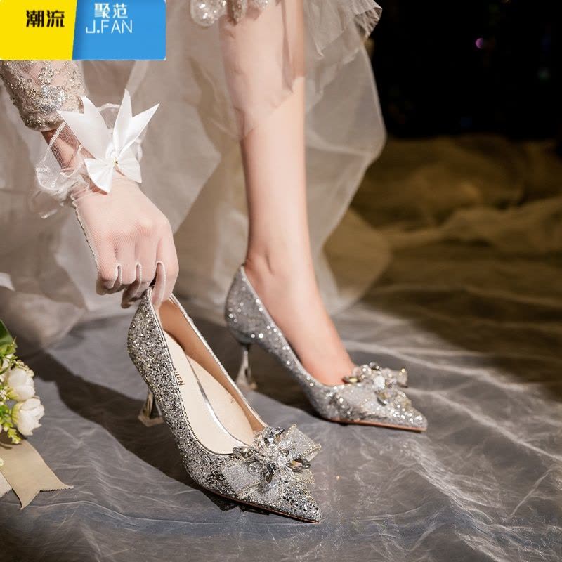 聚范婚鞋不累脚高级感礼服伴娘鞋仙女风法式水晶高跟单鞋胖脚宽脚女鞋图片