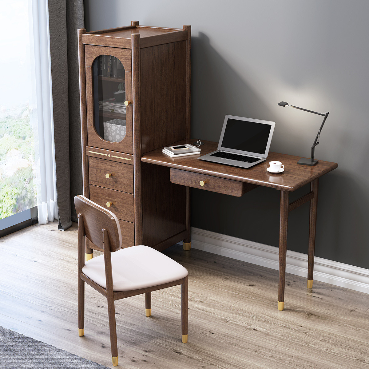 mu)新中式实木书桌轻奢胡桃木双人电脑写字桌储物收纳书房工作台家用