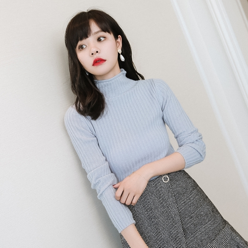 2018欧美秋冬季半高领长袖针织衫打底衫纯色羊绒衫女装毛衣