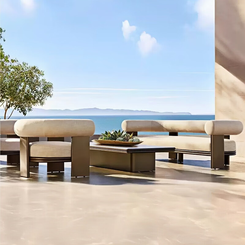 户外沙发柚木铝合金防晒实木防水防晒家具 无扶手双人+ 单人*2+茶几[铝合金]香槟色高清大图