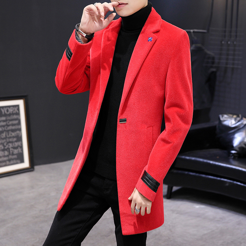 yuansu秋冬新款男士红色加厚外套韩版潮流休闲中长款呢子大衣帅气风衣