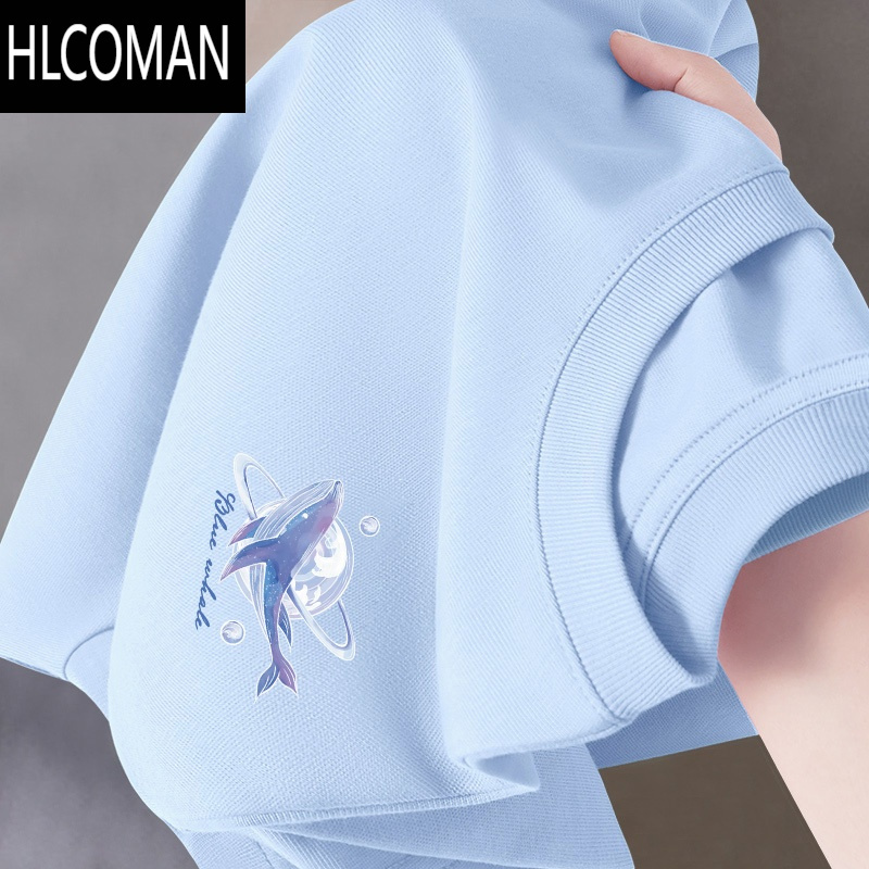 HLCOMAN蓝色短袖T恤男显白鲸鱼青少年初中高中生小清新夏装大码半袖