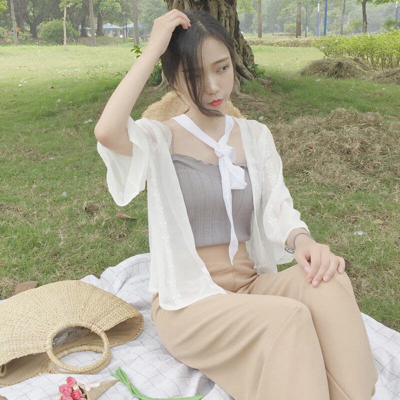 防晒衣女2018夏季短款柔美雪纺开衫透气韩版空衫外套805开衫+灰色小背心均码