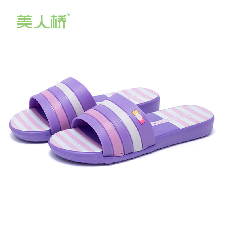 美人桥拖鞋女时尚经典条纹居家室内防滑耐磨软底一字拖鞋舒适平中底轻便605-1