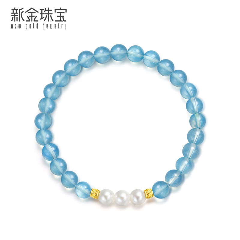 新金珠宝 黄金桶珠珍珠海蓝宝手串女 国潮文玩手链云水谣珠串饰品1042