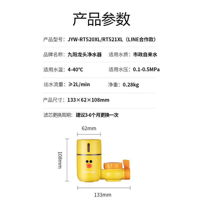 九阳LINE联名款厨房净水器自来水水龙头过滤器透明视窗双出水净化器JYW-RT521XL 一机一芯套装