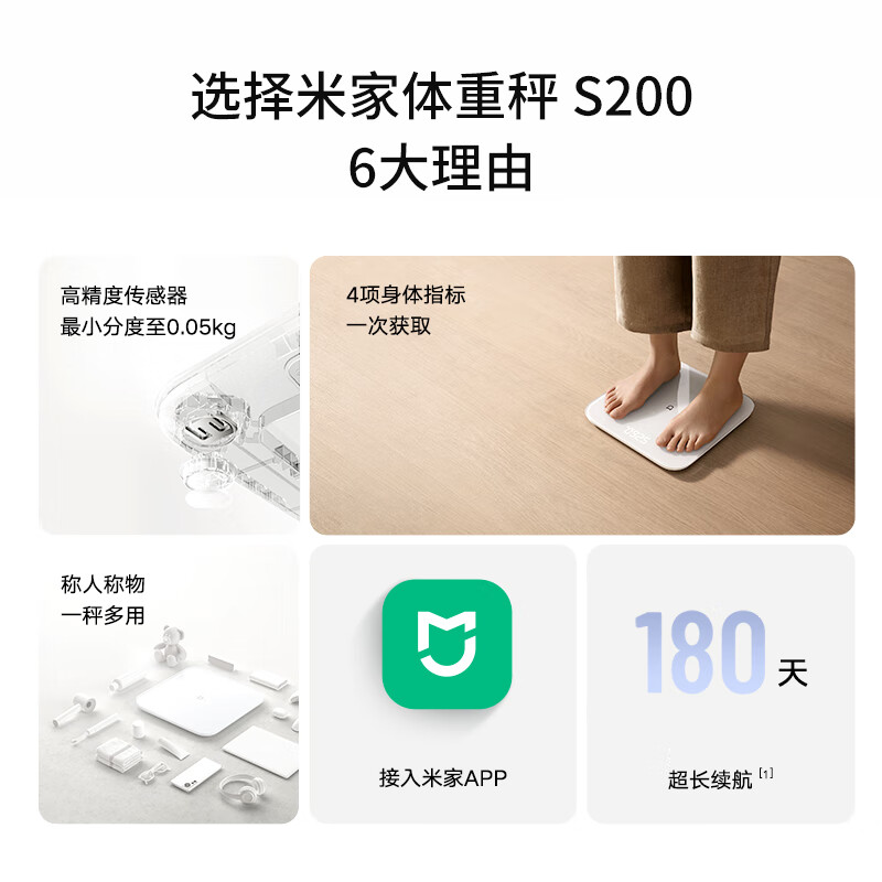 小米(mi) 米家 智能体重秤S200 白色 家用健康秤电子秤高精度高清大图