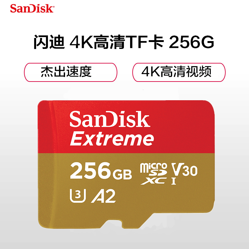 闪迪 读160MB/s写90MB/s V30CLASS10 U3运动相机无人机手机4K内存卡存储卡 高速TF卡 256G