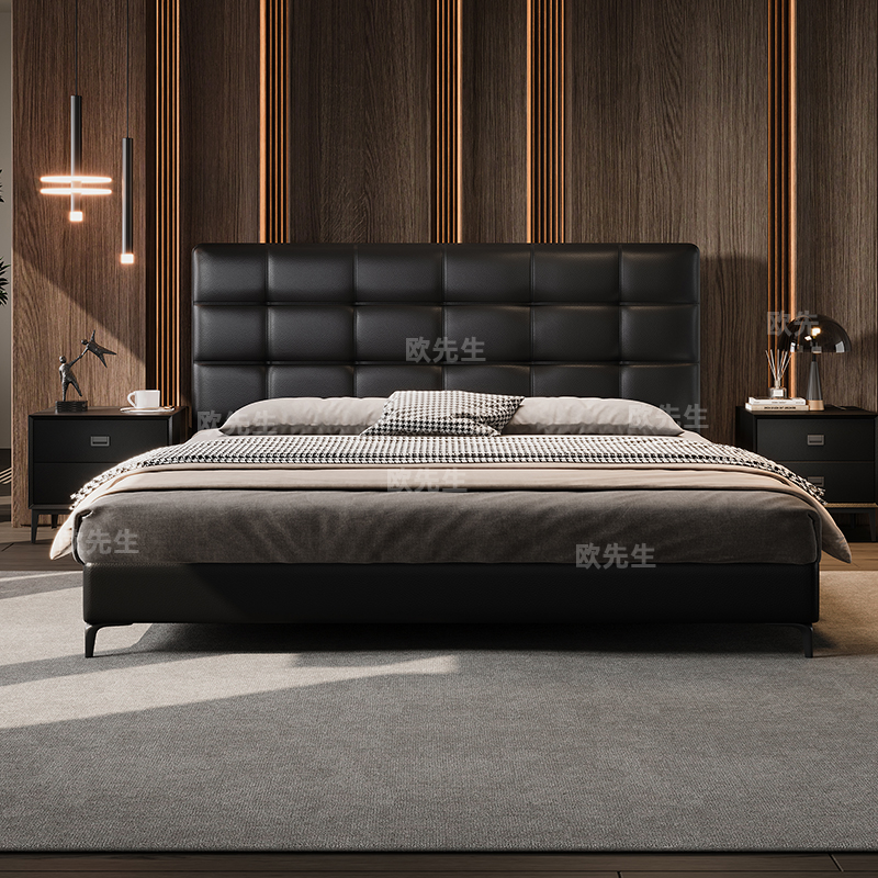 头层牛皮床主卧次卧双人大床实木真皮极简婚床高清大图