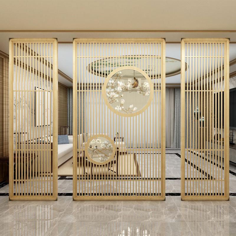 新中式屏风隔断客厅入户北欧栅栏轻奢风屏风实木镂空半透纱画座屏 定制110*200cm胡桃木 整装高清大图