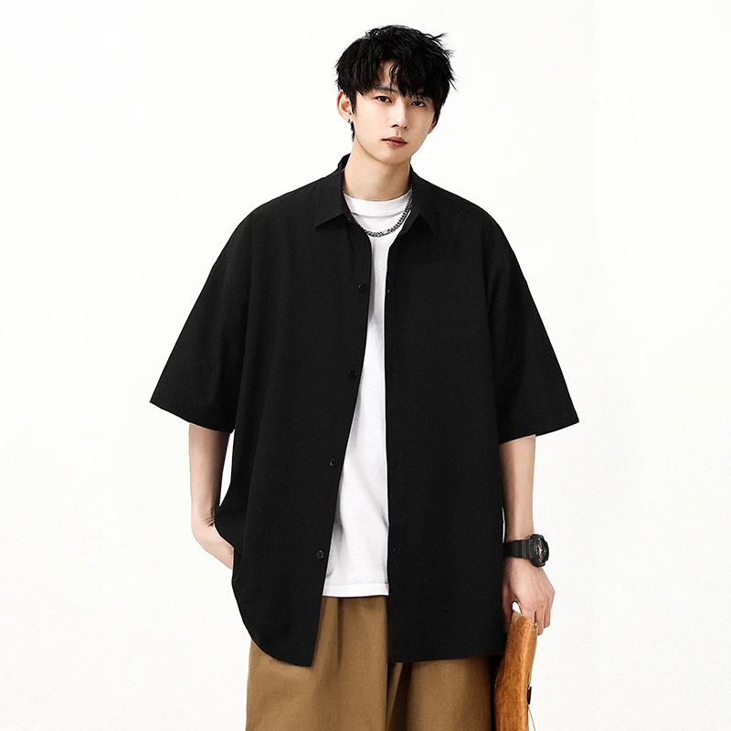 啄木鸟冰丝短袖衬衫男2025新款夏季宽松半袖黑色休闲外穿衬衣服K 黑色 L建议120-135斤