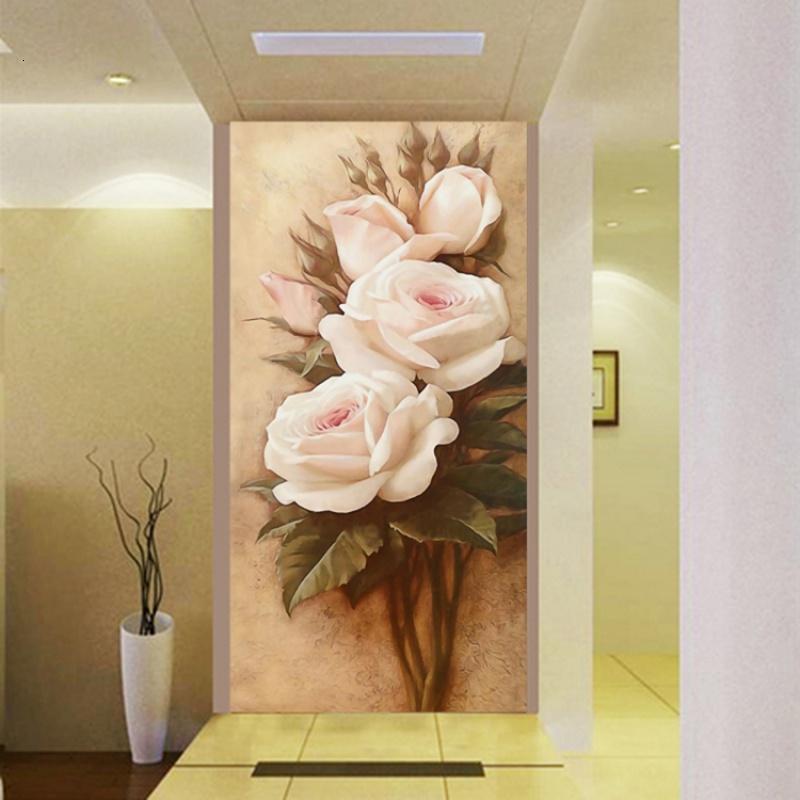 欧式3D立体玄关壁纸大型壁画 走廊过道墙纸装饰画 竖版油画玫瑰花壹德壹