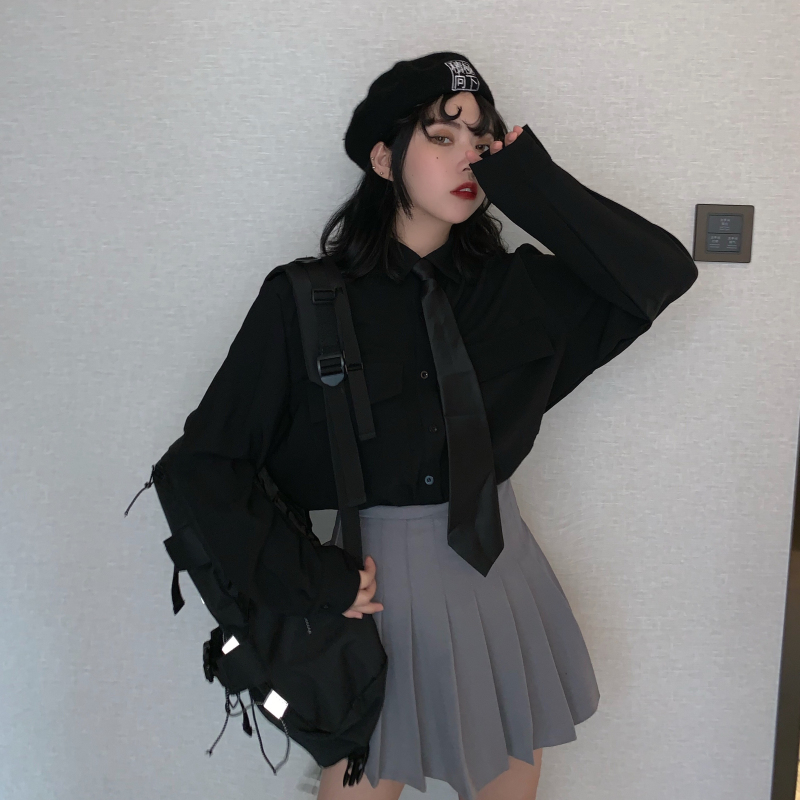 暗黑系jk制服长袖衬衫女春秋新款双口袋黑衬衣bf风宽松中长款上衣