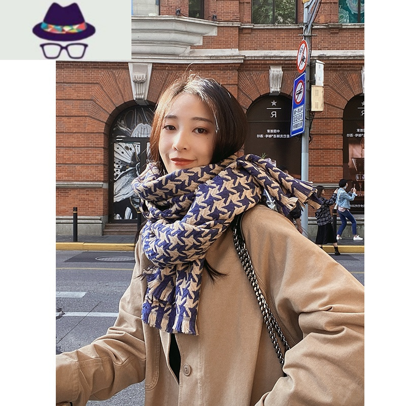 摩登复古千鸟格围巾女冬季仿优雅大气披肩韩版潮百搭保暖围脖fish