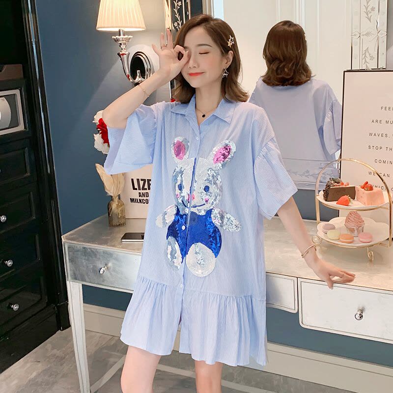 迪鲁奥(DILUAO)孕妇连衣裙夏装新款亮片兔子短袖衬衫韩版中长款外出哺乳孕妇裙夏图片