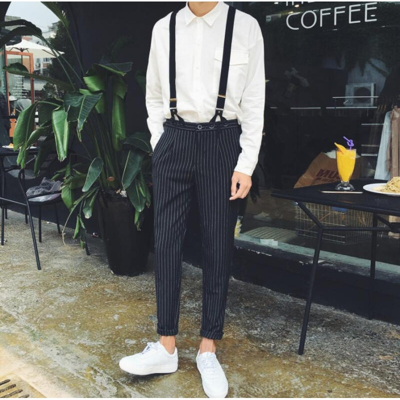 18季男士背带裤条纹休闲裤型师背带裤男生长裤潮男格裤