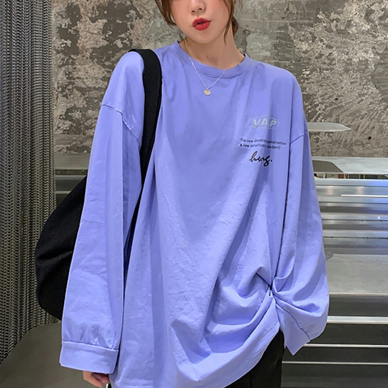 白色圆领长袖T恤女装新款设计感前后印花洋气复古chic宽松女上衣