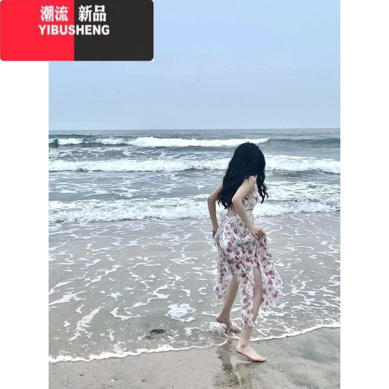 YIBUSHENG法式度假风碎花挂脖连衣裙2024季新款性感露背开叉荷叶边长裙子