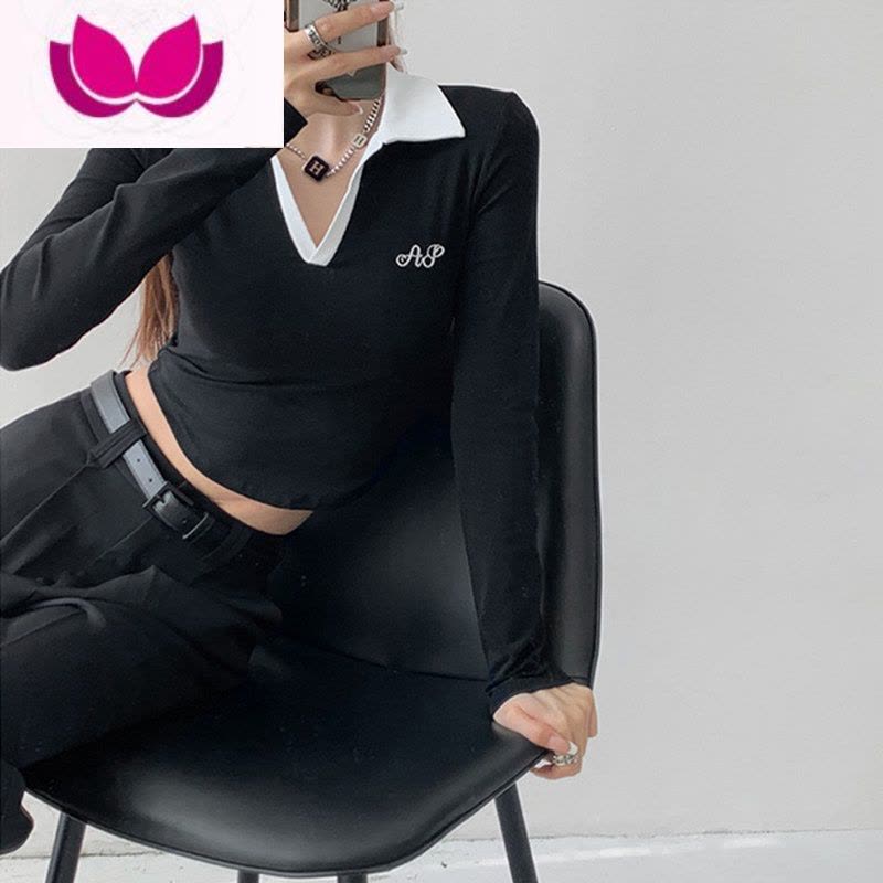 七斓冬纯欲风性感长袖翻领紧身露脐polo打底短款上衣女设计感T恤图片