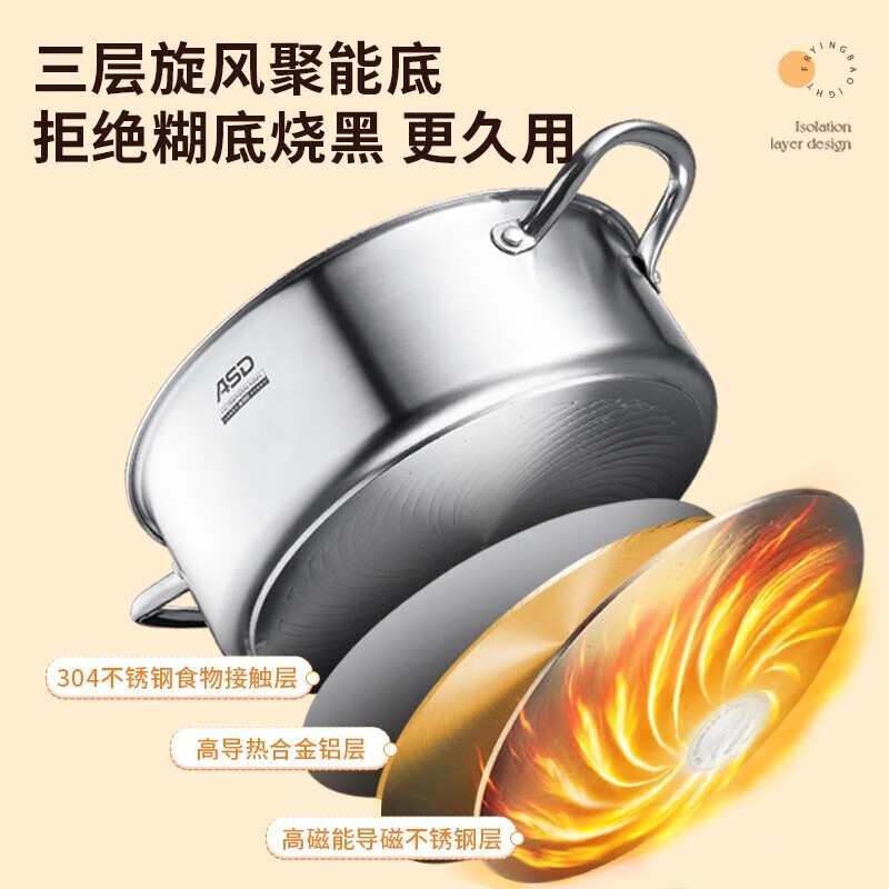 爱仕达(ASD) 304不锈钢 直身火锅 汤锅一锅多用 加厚复底 燃气明火电磁炉通用 30cm 鸳鸯火锅 FS30H3Q高清大图