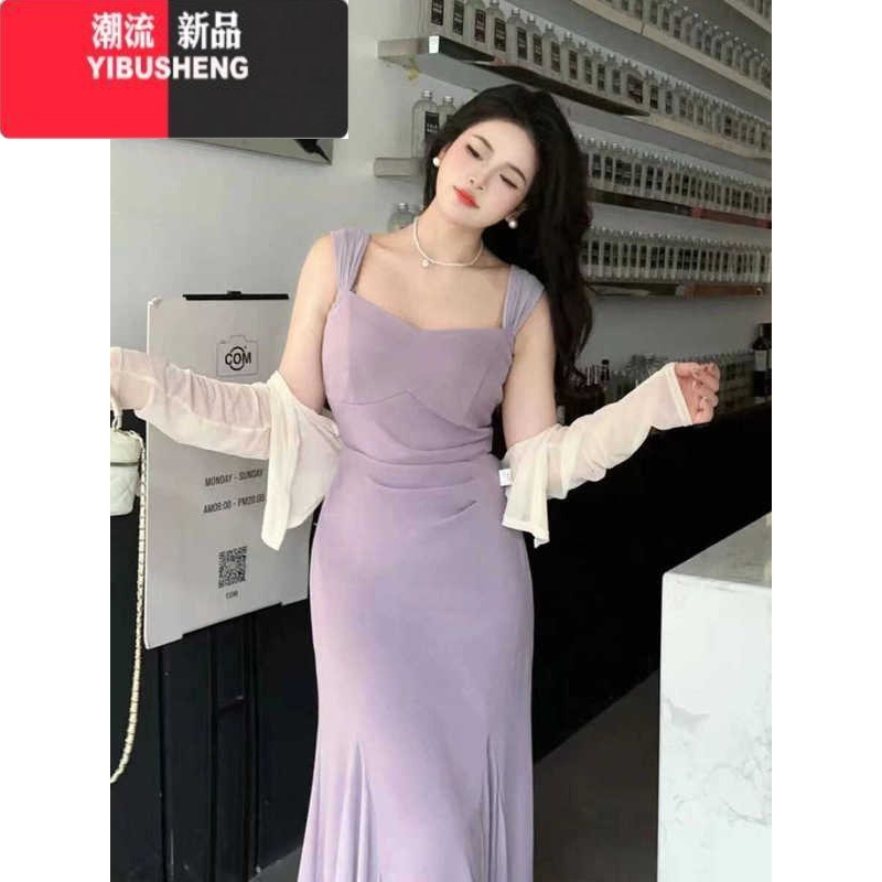 YIBUSHENG大码女装季气质收腰遮肉显瘦方领连衣裙法式小黑吊带裙防晒开衫高清大图