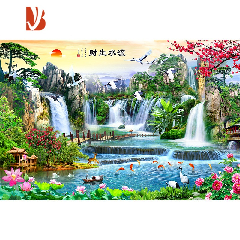 三维工匠背景墙山水画贴纸墙贴自粘客厅装饰流水生财壁纸墙纸贴画风景