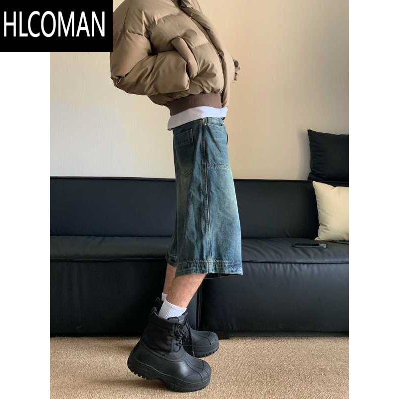 HLCOMAN美式复古水洗高街拼接牛仔短裤男女夏季款阔腿做旧休闲百搭七分裤