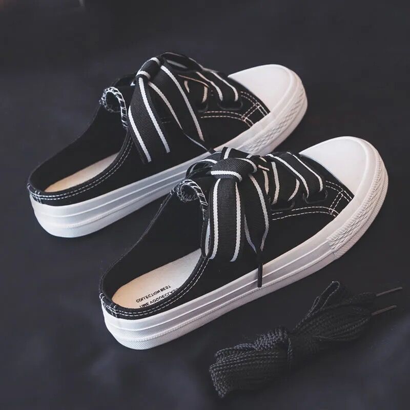 春夏季休闲帆布鞋女学生韩版半拖无后跟懒人一脚蹬小白鞋平底板鞋黑色