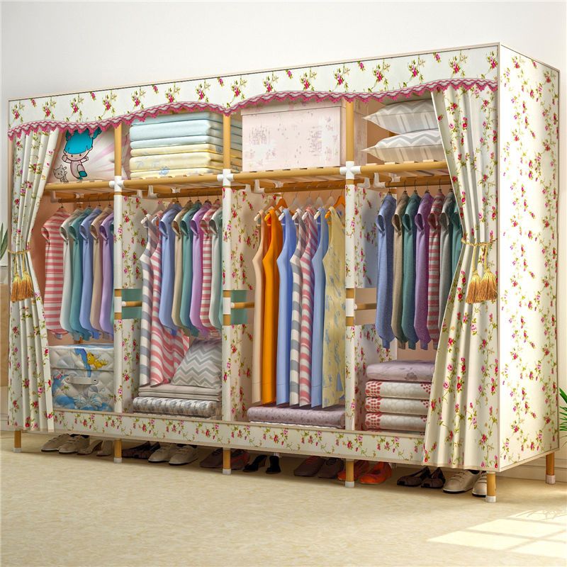 新升级简易布衣柜实木加粗加固非钢管牛津布衣橱组装双人收纳架蓝色