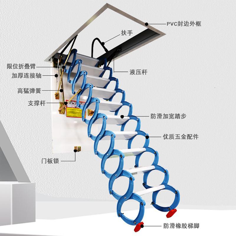 阁楼伸缩楼梯加厚铝镁合金升降隐形梯家用复式收缩楼梯拉伸梯 三维工匠 低配木门手动-铝镁合金(洞口80*120厘米)家用梯高清大图