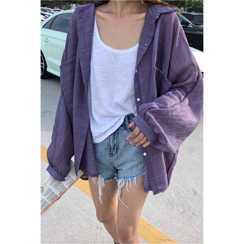 复古衬衫夏装2018新款韩版宽松慵懒风网红长袖防晒上衣女白色均码
