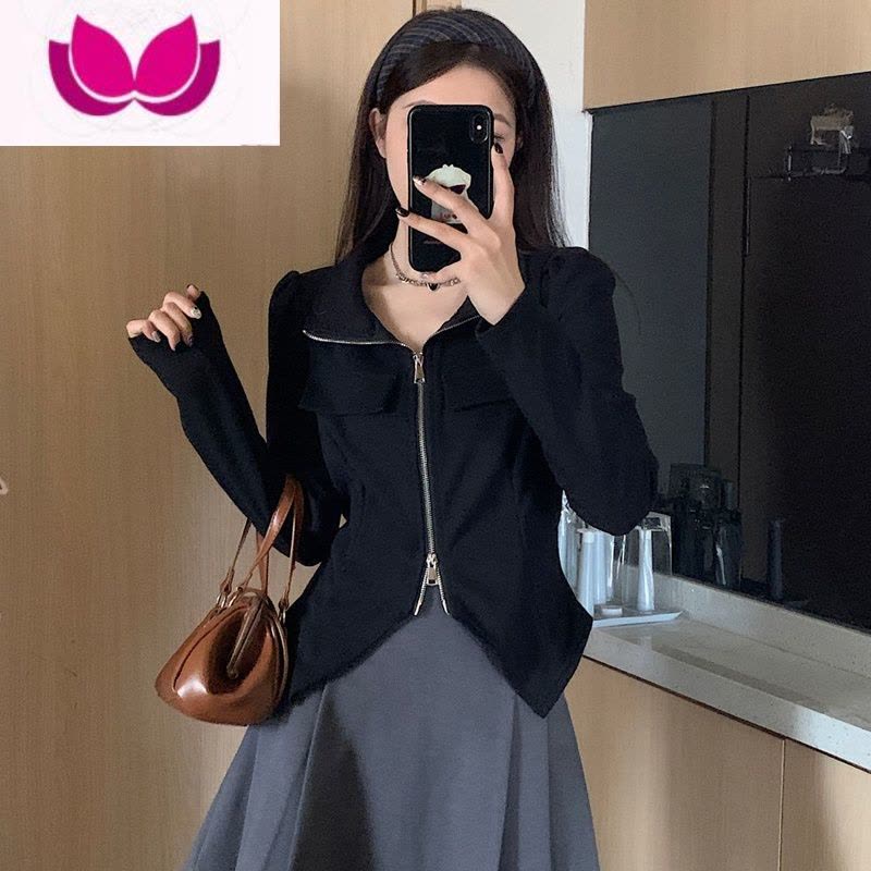 七斓大码长袖t恤女春季设计感小众胖MM短款不规则打底衫内搭别致上衣图片