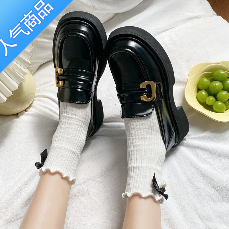 SUNTEK小皮鞋女鞋子春秋季加绒乐福鞋2023新款黑色学院英伦风一脚蹬单鞋高清大图