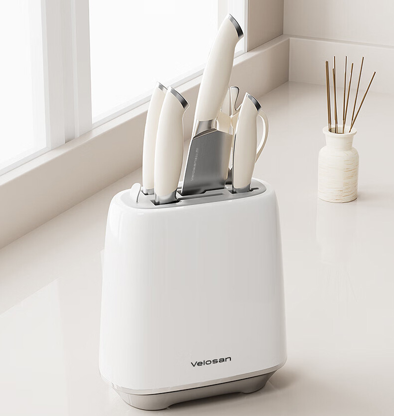 温仑山刀具五件套配重底座握感舒适瓷光奶油鹅卵石刀具套装VE075高清大图