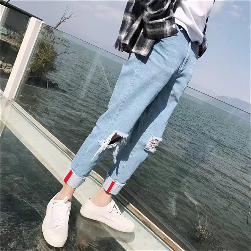 裤子男夏季2018新款风破洞牛仔裤男韩版潮流百搭九分裤