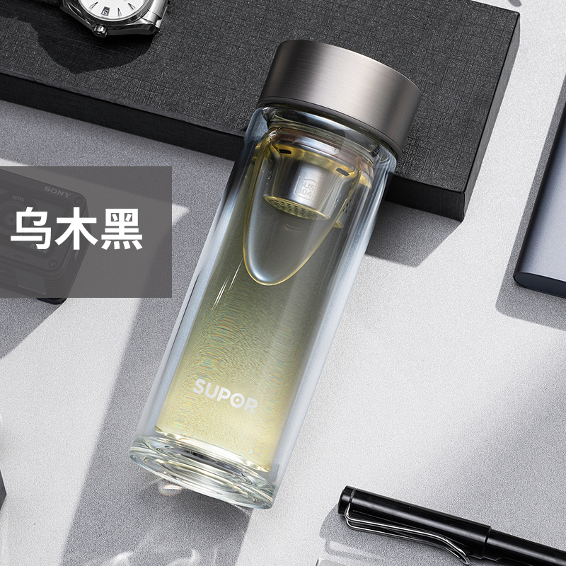 苏泊尔耐热玻璃杯优质304不锈钢茶滤男女士双层透明简约便携随手家用泡茶杯 KC28/33DU10 乌木黑 280ml