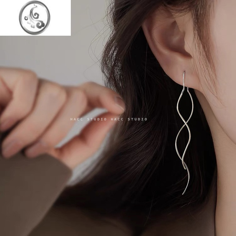 JiMi显脸瘦~925银银波浪耳线女气质2021年新款潮流苏耳环圆脸显瘦